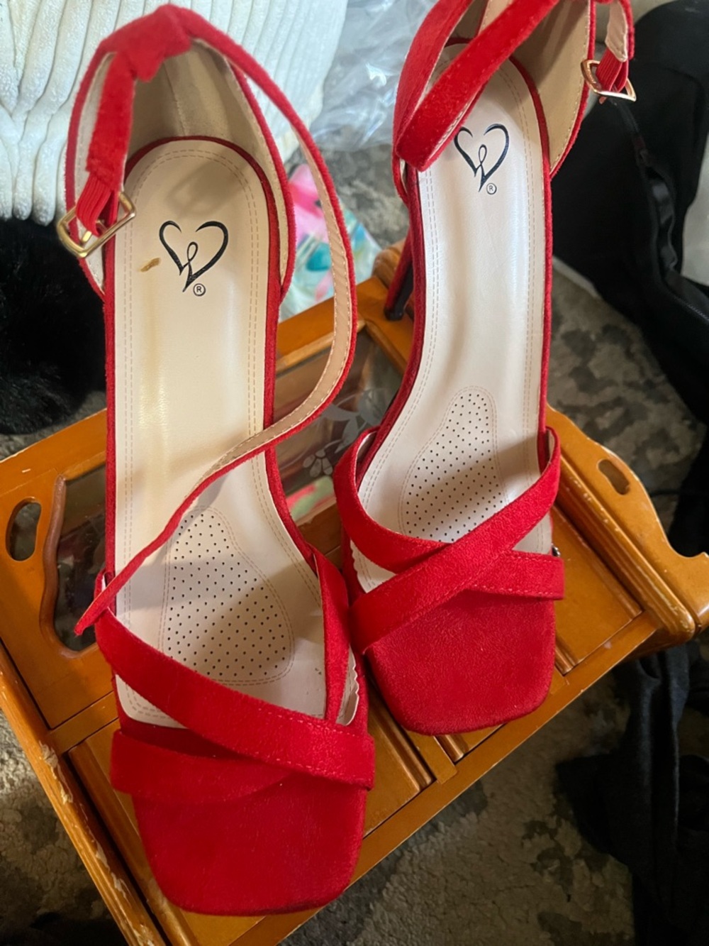 Red Suede Strappy High Heel Sandals - Heart Logo Brand